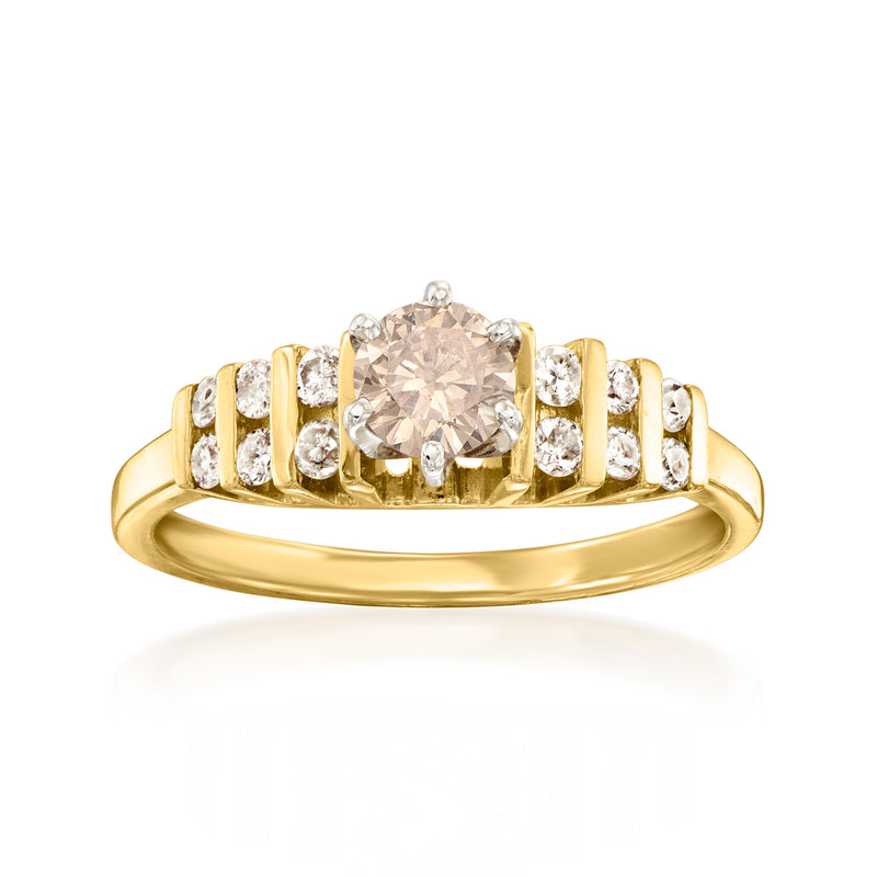 14kt yellow gold diamond ring with center diamond and round white side stones