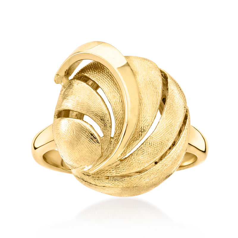 Vintage 14kt yellow gold swirl ring with layered spiral design, wide band
