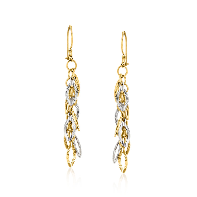 Two-tone gold disc drop earrings with linked loops and hook earwires
