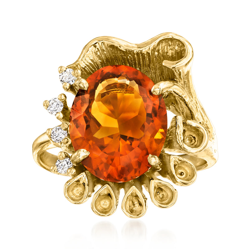 Vintage orange citrine ring in 14kt yellow gold with diamond accents