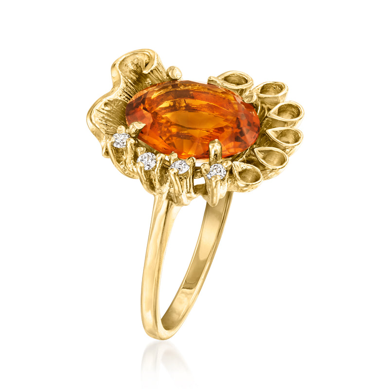 Oval orange citrine ring with small diamonds, 14kt yellow gold prong setting