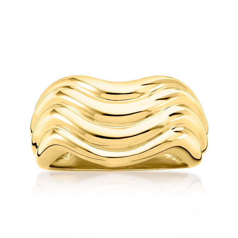 Vintage 18k yellow gold wavy ring, wide band with flowing curved ridges