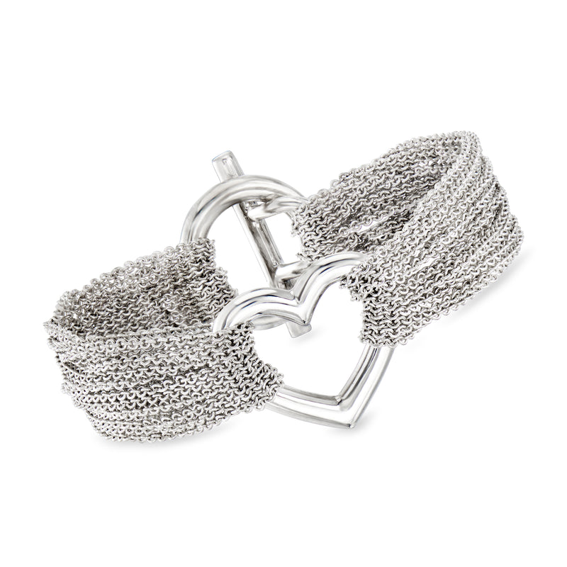 Sterling silver heart multi-chain bracelet with mesh chain links and hinged heart charm