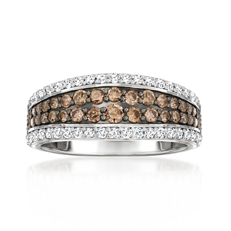Sterling silver diamond ring with brown and white diamond bands, round pave setting