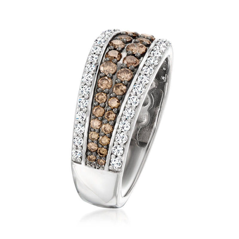 Sterling silver ring with brown diamond inner band and white diamond halo frame