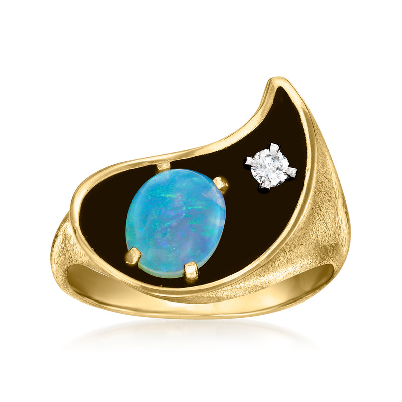 Vintage opal and single diamond ring in 14k yellow gold, oval opal cabochon setting