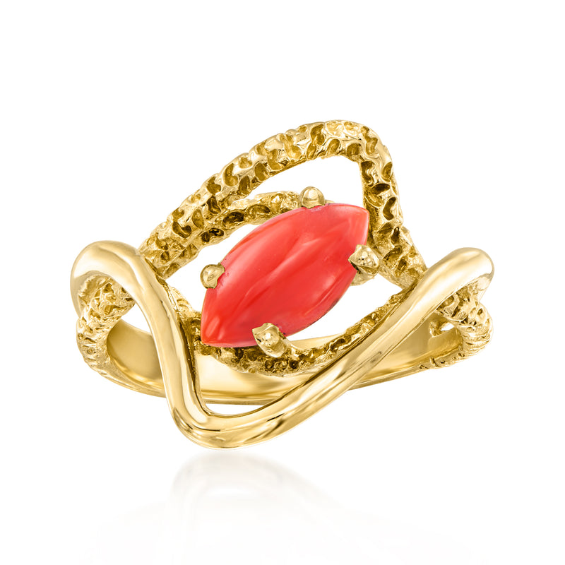 Vintage coral swirl ring in 14kt yellow gold, red oval cabochon