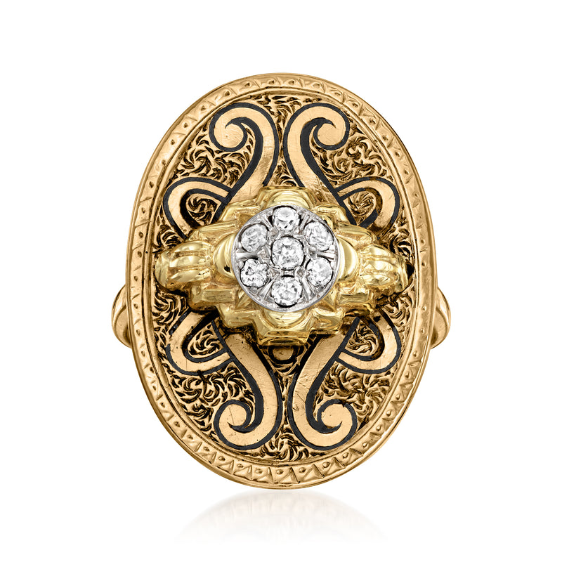 Vintage oval diamond ring in 14kt yellow gold with black enamel scrollwork