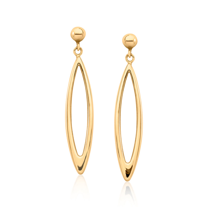 Vintage 14kt yellow gold marquise drop earrings with oval profile and top ball detail