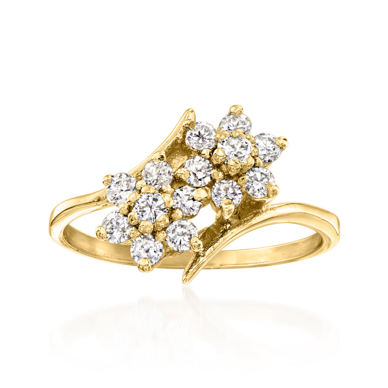 14kt yellow gold bypass ring with floral diamond cluster and round brilliant stones