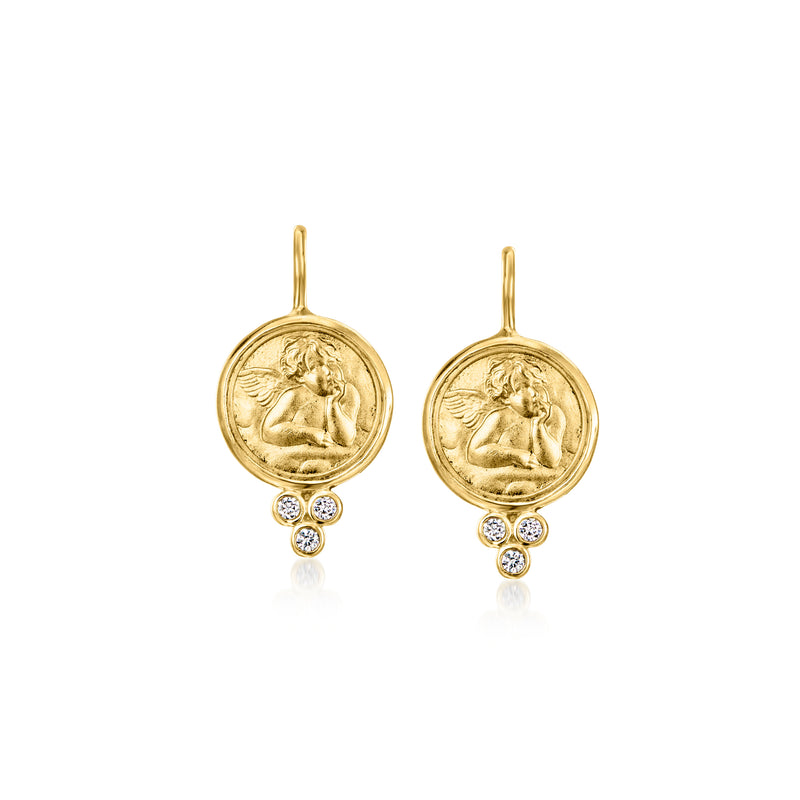 Vintage yellow gold angel drop earrings with diamond accents, leverback
