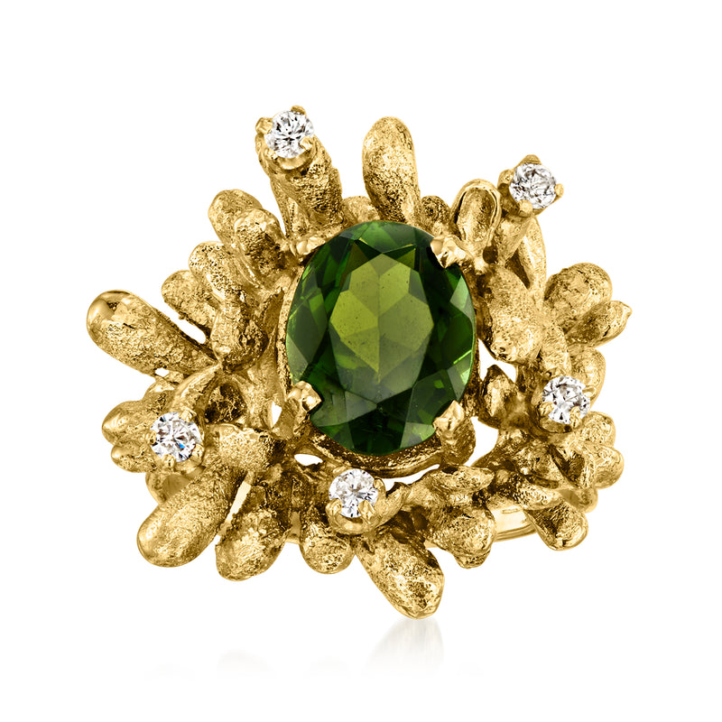 14kt yellow gold ring with oval green tourmaline and clear diamond accents