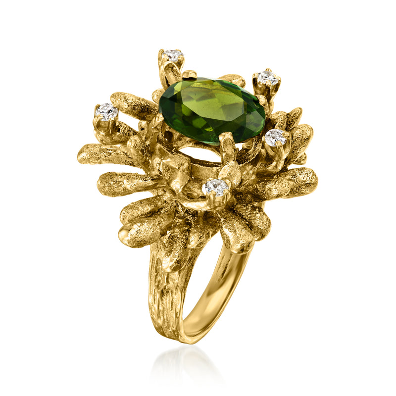 14kt yellow gold ring with green tourmaline center and diamond halo, side view