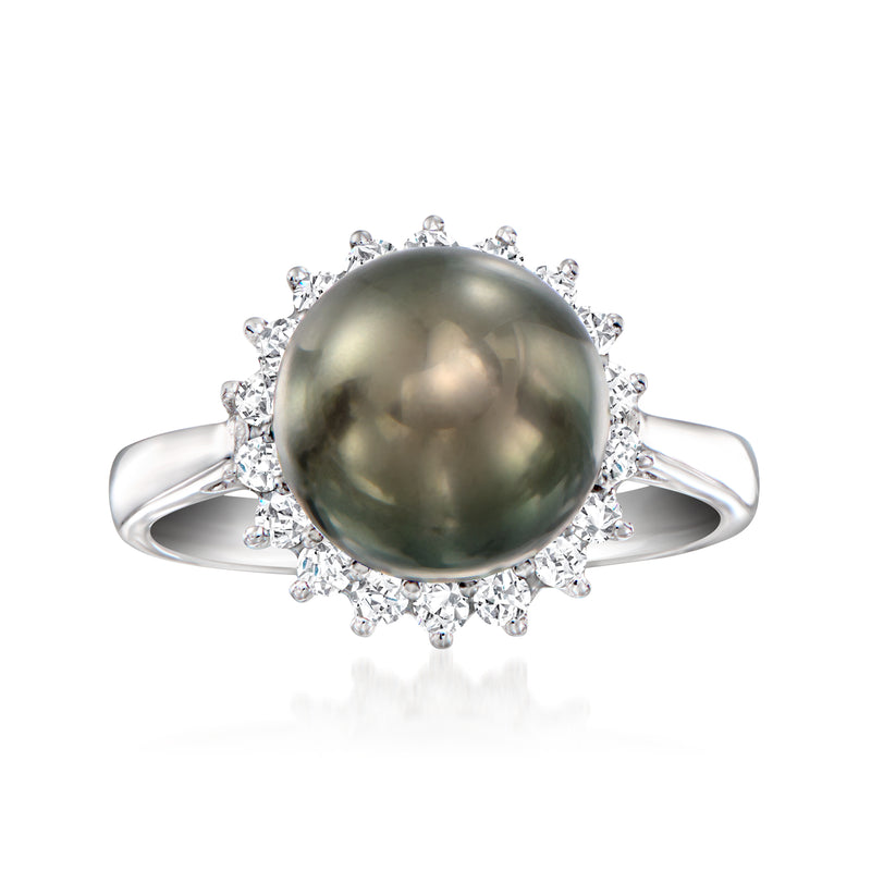 Ring with dark gray-green pearl center and diamond halo, open band