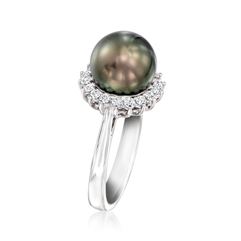 Dark gray-green pearl ring with diamond halo and split prong white-metal setting