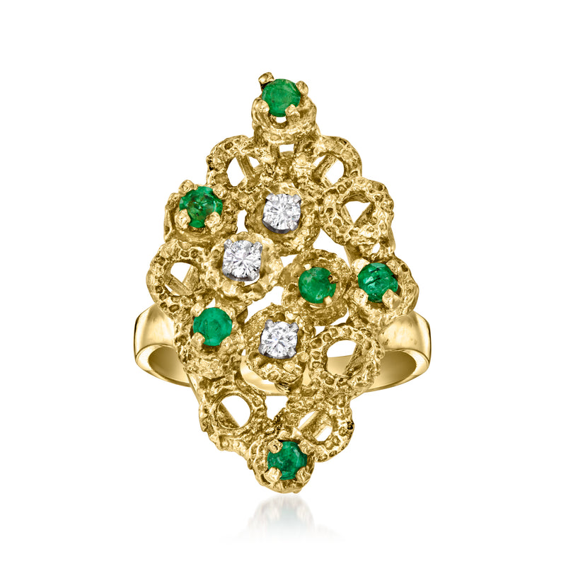 14kt yellow gold vintage ring with emerald oval stones and round diamond accents