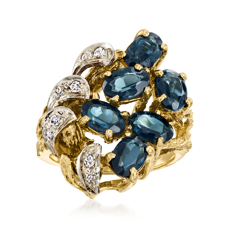 14kt yellow gold cluster ring with blue sapphire ovals and diamond accents
