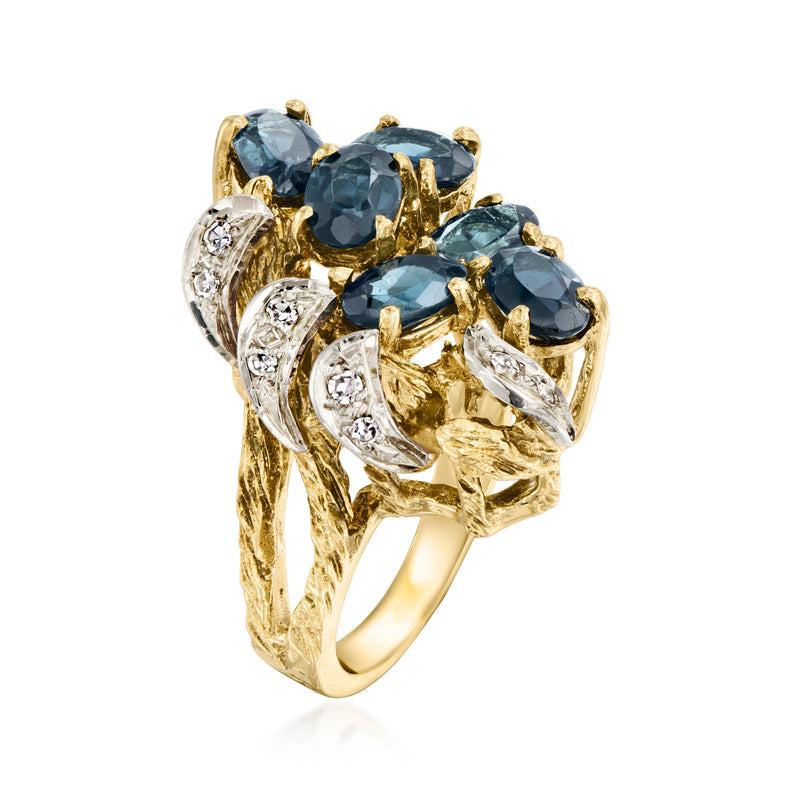 14kt yellow gold blue sapphire cluster ring with prong-set diamonds, side view
