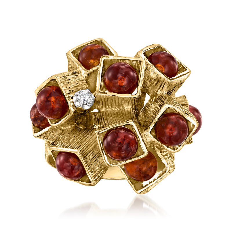 Vintage geometric 18kt yellow gold ring with amber citrine beads and a single diamond