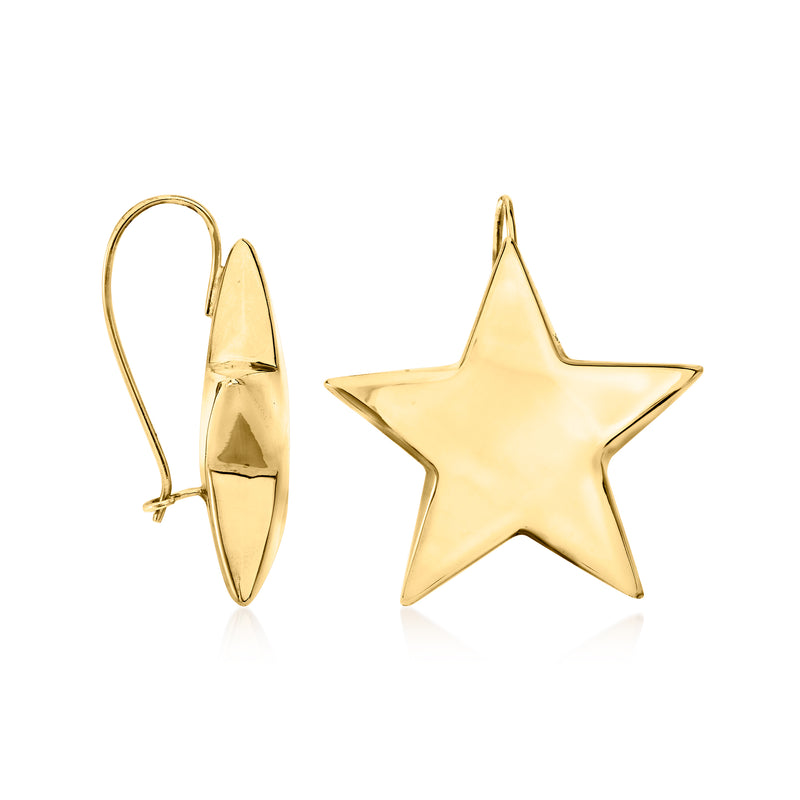Yellow gold star drop earrings with earwires, detailed side view