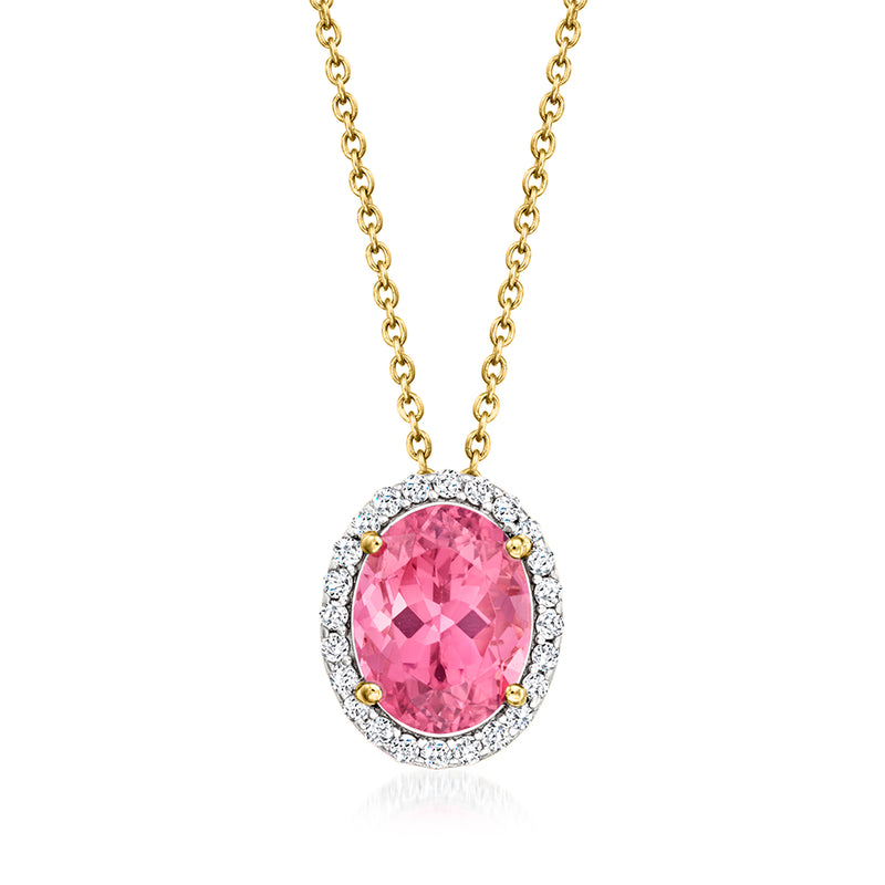 Yellow gold pink tourmaline oval pendant with diamond halo on chain