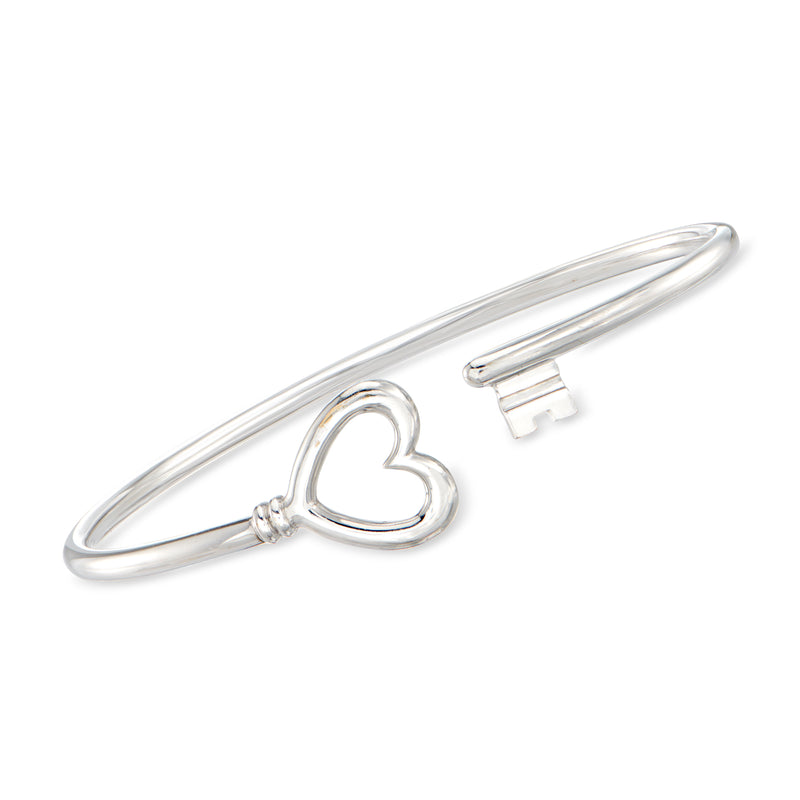 Vintage 18kt white gold heart and key cuff bracelet with hinged bangle