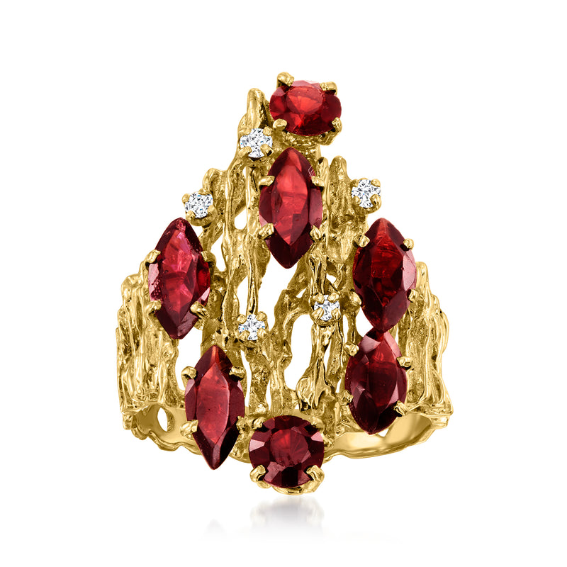 14kt yellow gold vintage garnet cluster ring with red stones and diamond accents
