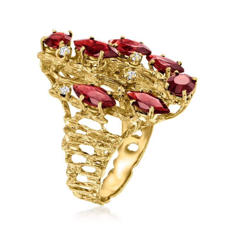 Yellow gold vintage garnet ring with red gemstones and small diamond highlights