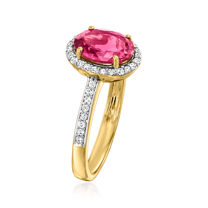 14kt yellow gold ring with oval pink tourmaline center and diamond-lined shank