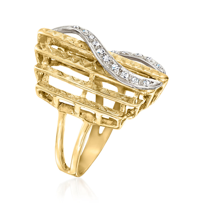 Two-tone gold ring with oval diamond channels and textured top band