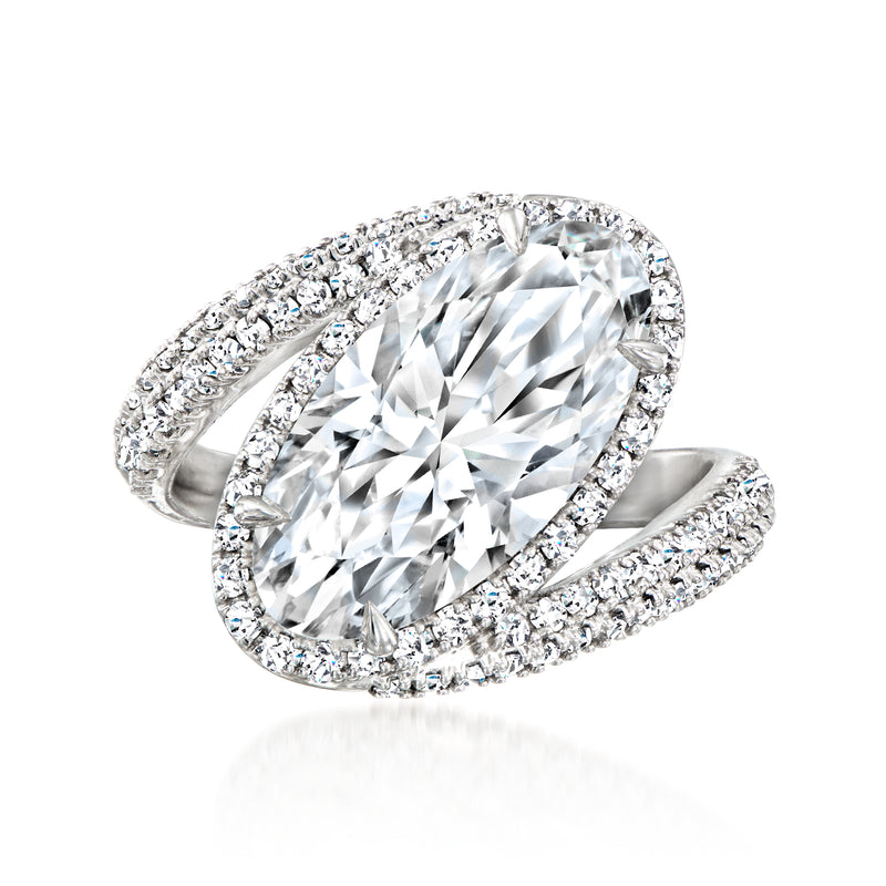 Platinum oval lab-grown diamond asymmetrical ring with pavé band