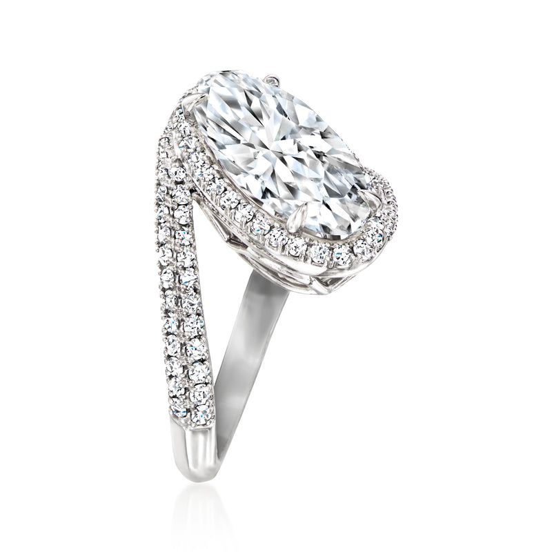 Platinum asymmetrical oval lab-grown diamond ring with pavé band