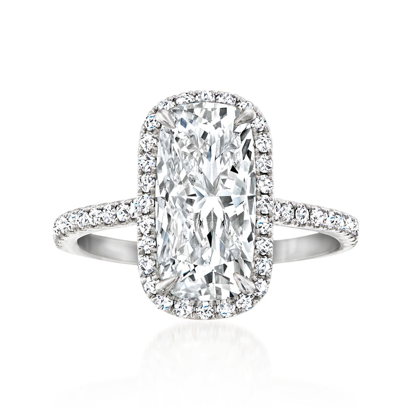 Platinum ring with cushion-shaped lab-grown diamond and pavé band
