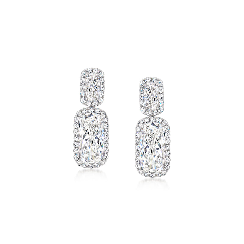 Platinum lab-grown diamond drop earrings with cushion-cut stones and post backs