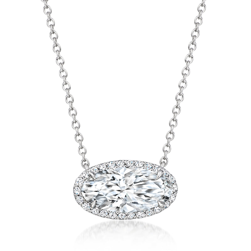 Platinum lab-grown diamond necklace with oval halo pendant and link chain