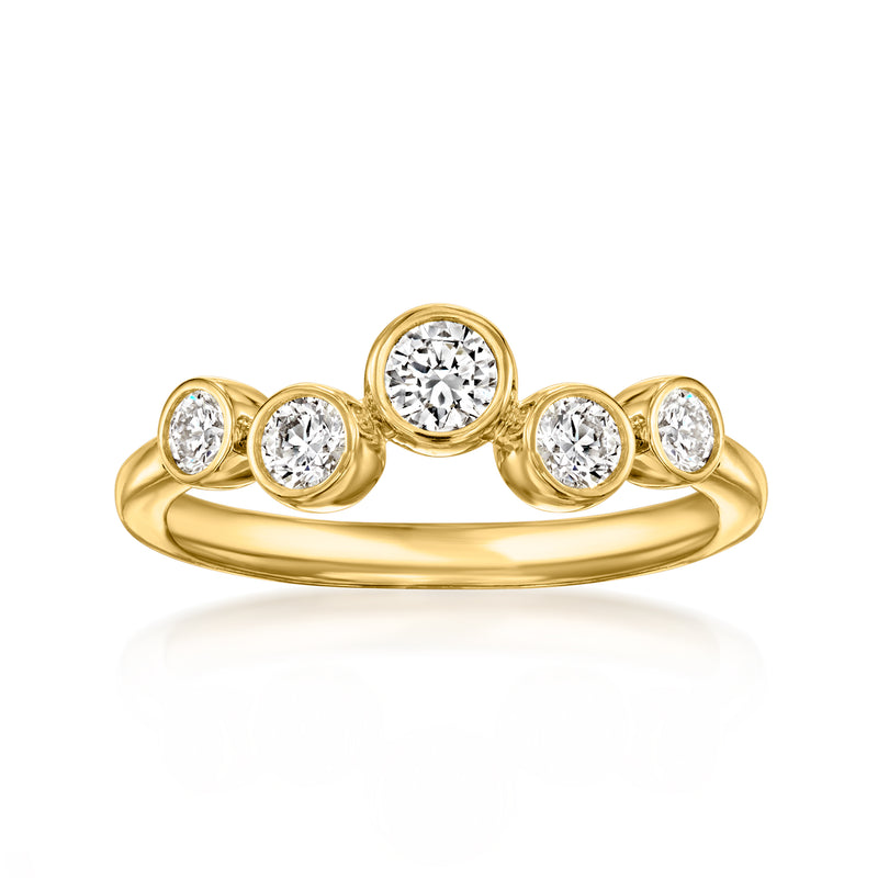 Gold bubble ring with five bezel-set round lab diamonds on a slim band