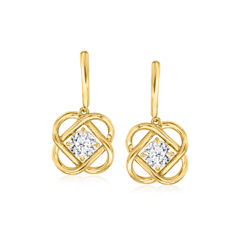 Gold drop earrings with Celtic knot design and square lab-grown diamond accents