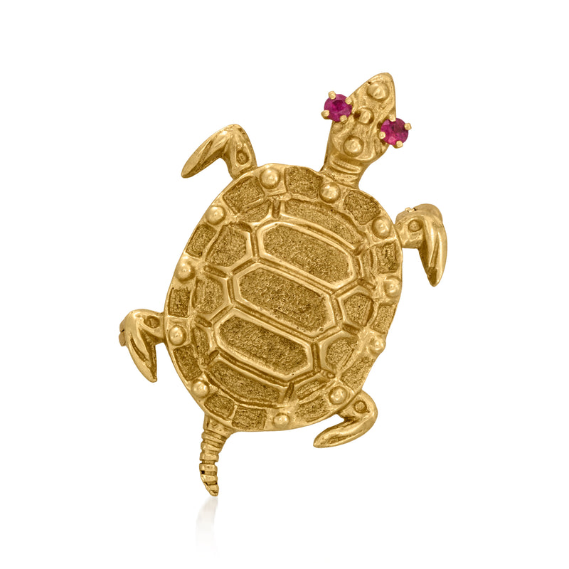 Vintage 14kt yellow gold turtle pin with red ruby eyes and raised shell texture