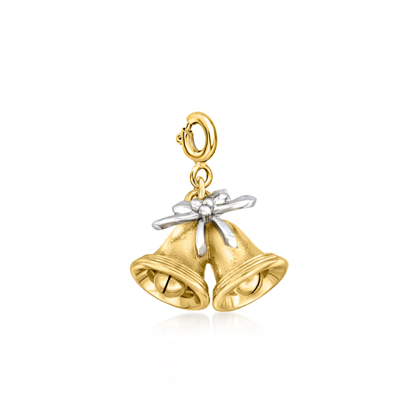 Gold over sterling Christmas bells charm with silver ribbon bow detail