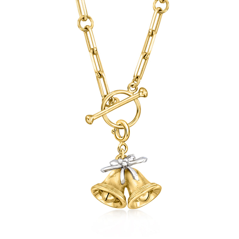Gold tone chain necklace with Christmas bells charm and silver bow