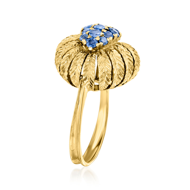 18kt yellow gold sapphire feather ring with blue round gemstone cluster, side view