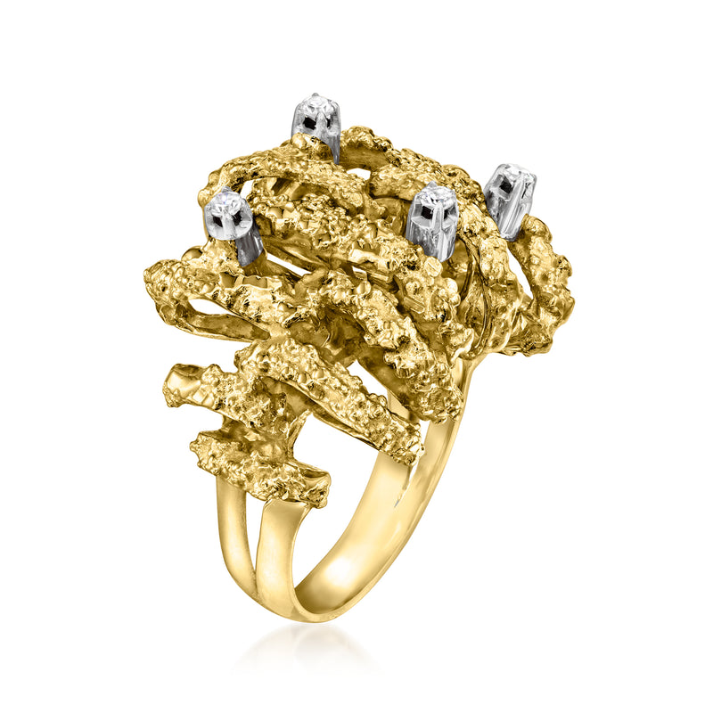 18kt yellow gold vintage diamond ring with textured openwork band and four round stones