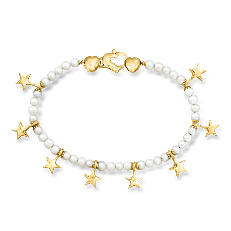 Cultured pearl star charm bracelet with 14kt yellow gold stars and heart clasp