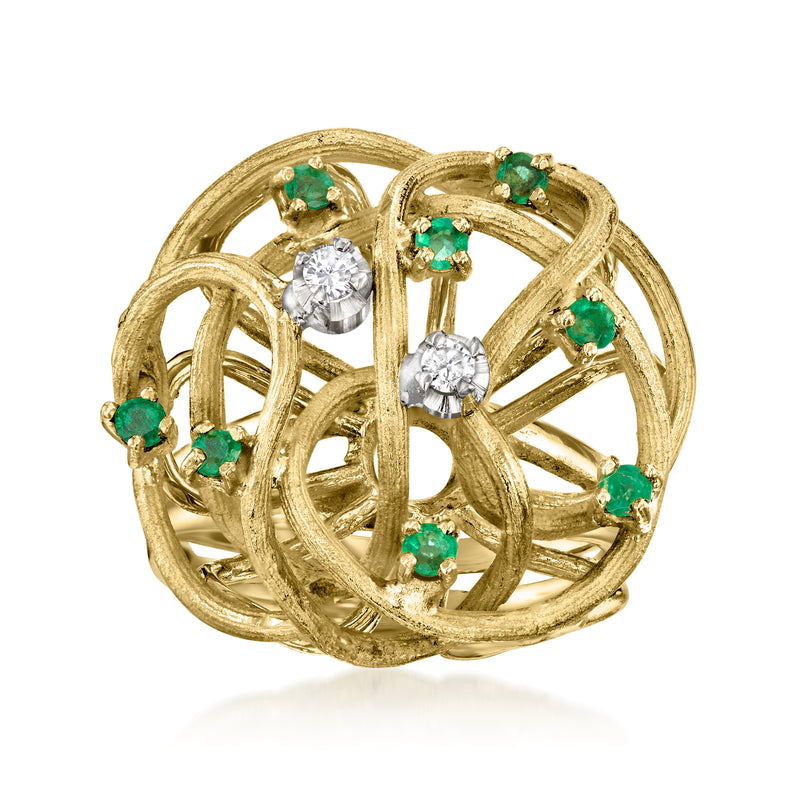 18kt yellow gold swirl vintage ring with green emerald stones and round white diamonds