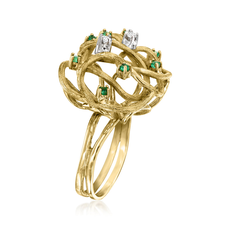 Yellow gold vintage swirl ring with green emerald stones and clear diamond accents