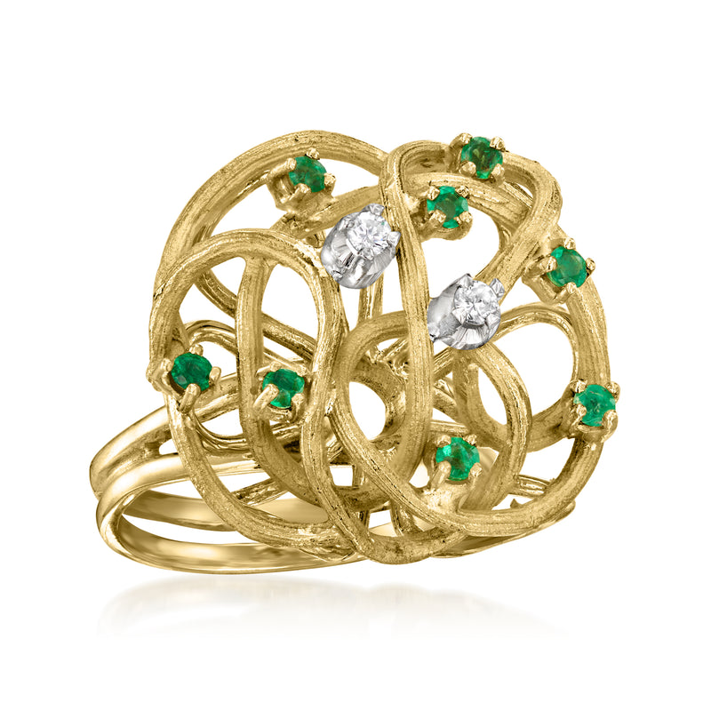 Yellow gold swirl vintage ring with green emeralds and four round white diamond stones