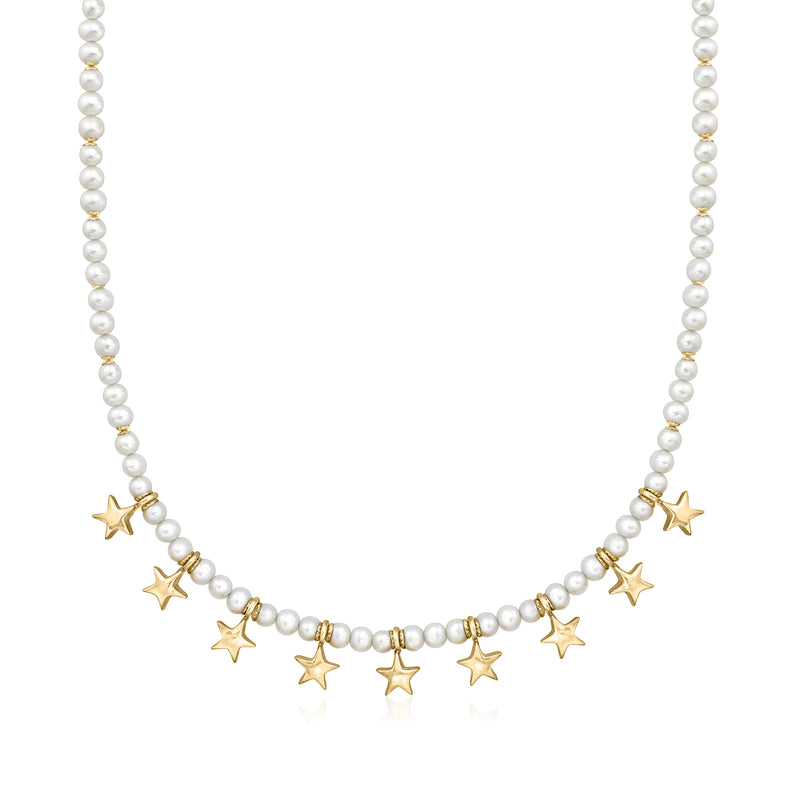 Cultured pearl bead necklace with 14kt yellow-gold star charms