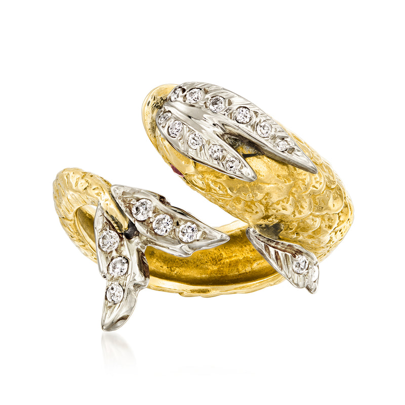 Two-tone gold fish bypass ring with round diamond accents