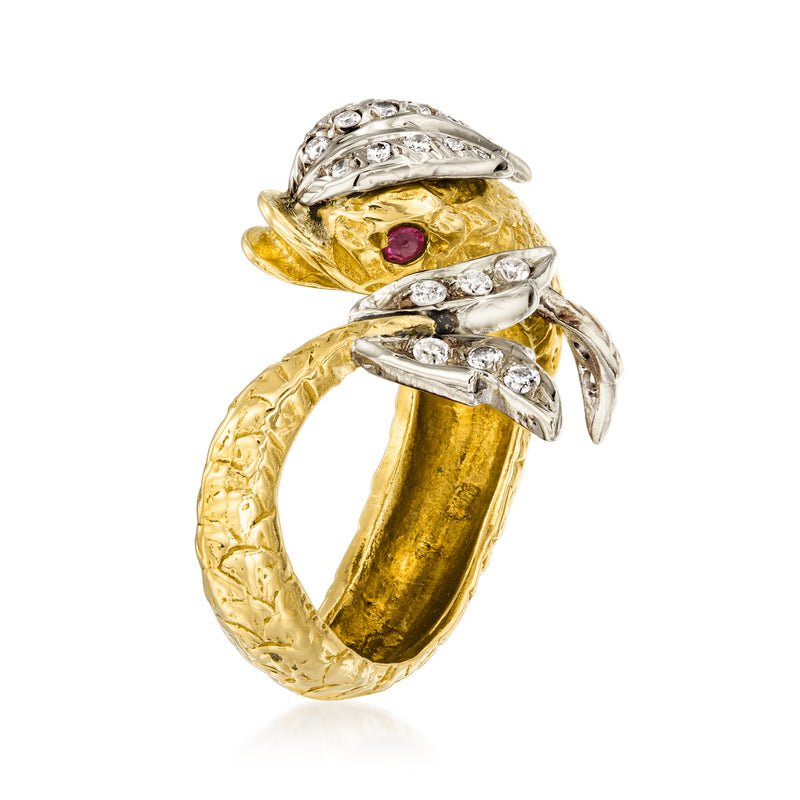 Two-tone gold fish bypass ring with red gemstone center and diamond accents