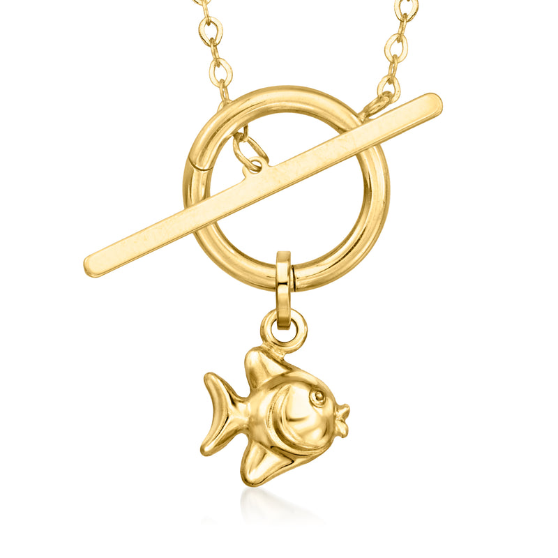 14kt yellow gold fish charm on circular ring with bar detail